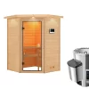 Karibu Ecksauna Antonia Mit Dachkranz + 3,6kW Plug&Play Ofen Externe Steuerung