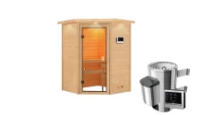 Karibu Ecksauna Antonia Mit Dachkranz + 3,6kW Plug&Play Ofen Externe Steuerung