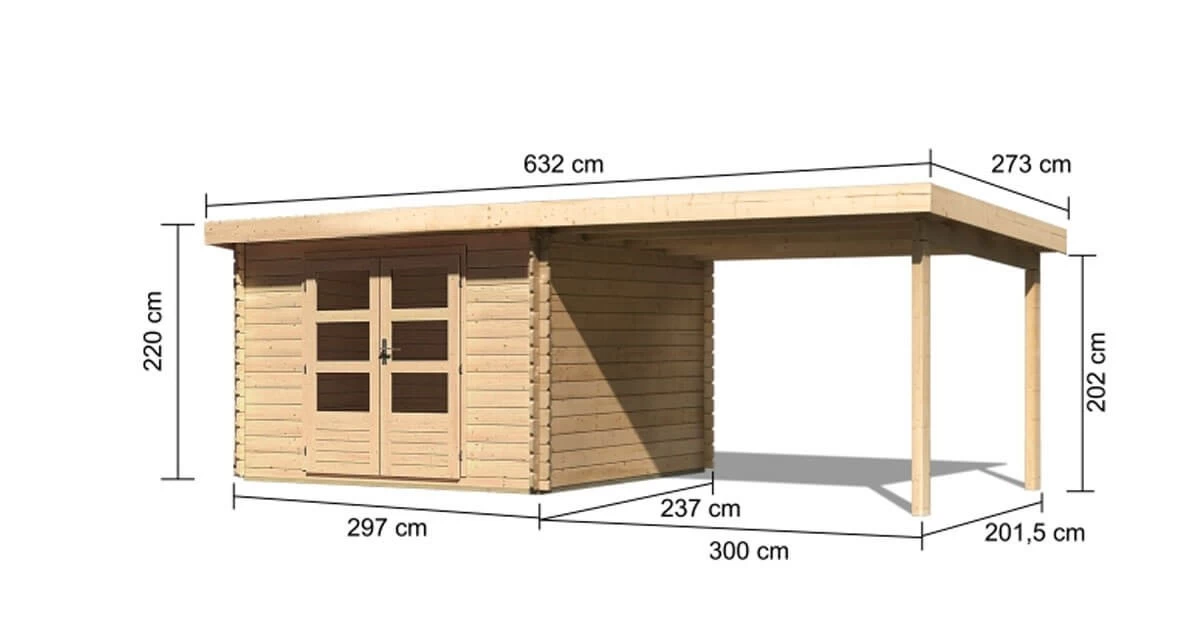 Karibu Gartenhaus Bastrup 3 Mit Anbau 3m 28mm Blockbohlenhaus 580x237cm Unbehandelt – Bild 3
