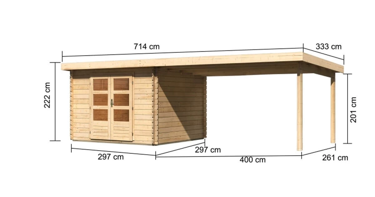 Karibu Gartenhaus Bastrup 5 Mit Anbau 4m 28mm Blockbohlenhaus 680x297cm Unbehandelt – Bild 7