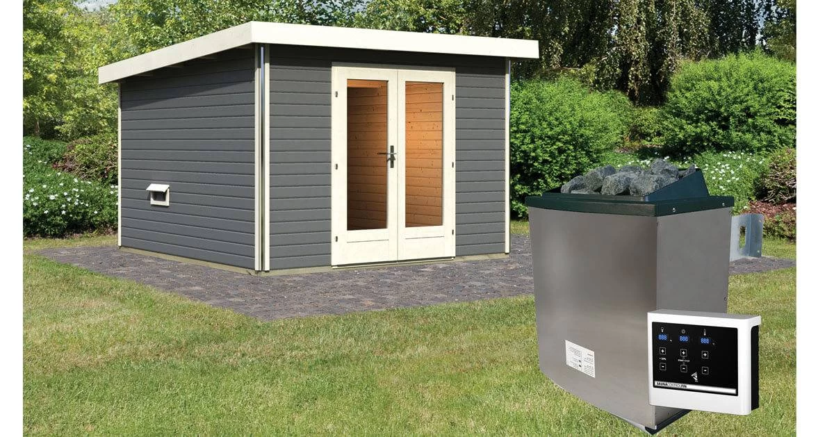 Karibu Sauna Mainburg 1 Terragrau Mit Vorraum + 9 KW Saunaofen Mit Ext. Steuerung Easy – Bild 2