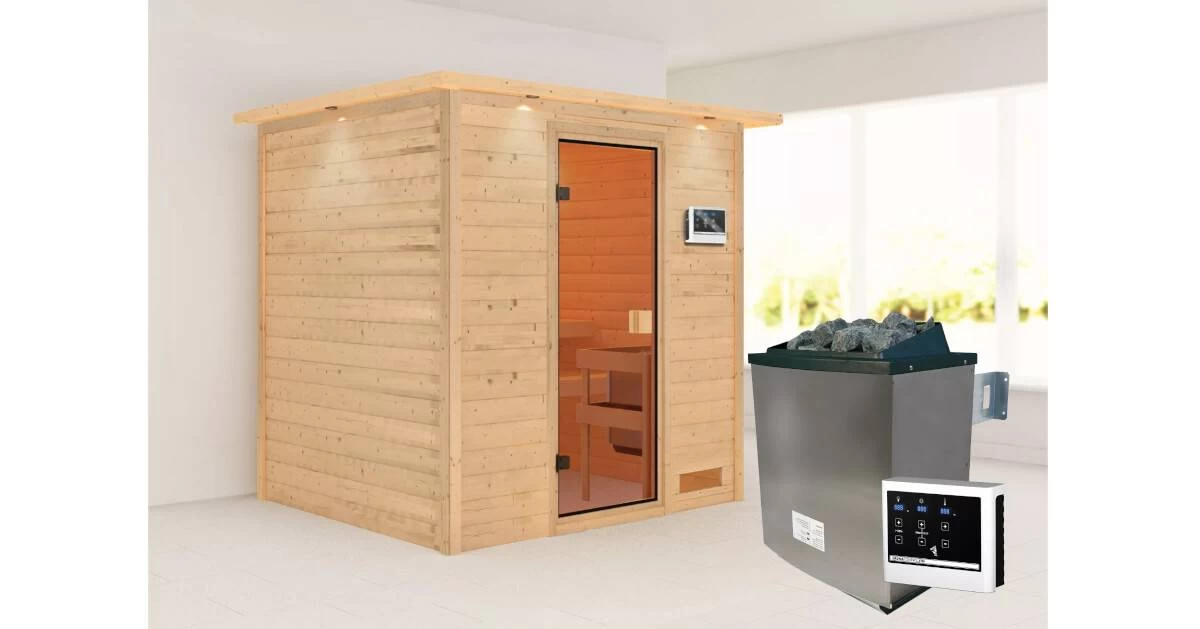 Karibu Sauna Adelina Mit Dachkranz + 9kW Saunaofen Mit Integrierter Steuerung – Bild 5