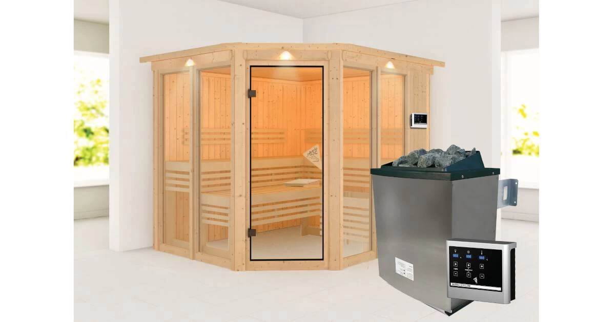 Karibu Sauna Ainur Mit Dachkranz + 9kW Saunaofen Mit Ext. Steuerung – Bild 4