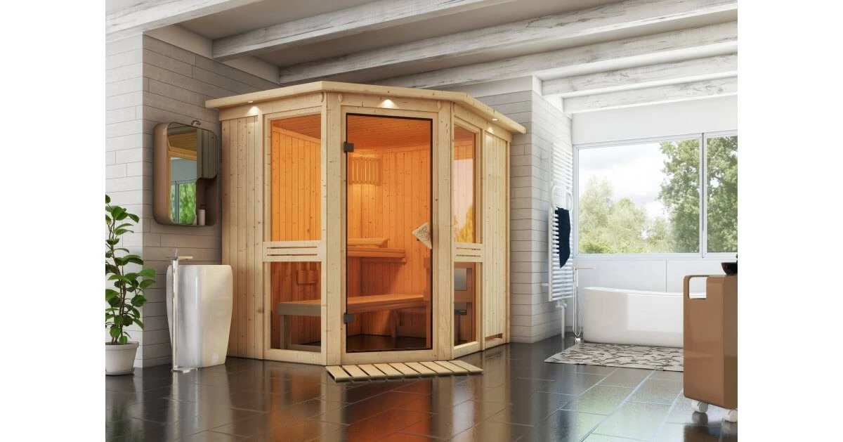 Karibu Sauna Amelia 1 Mit Dachkranz + 9kW Saunaofen Mit Integrierter Steuerung – Bild 2