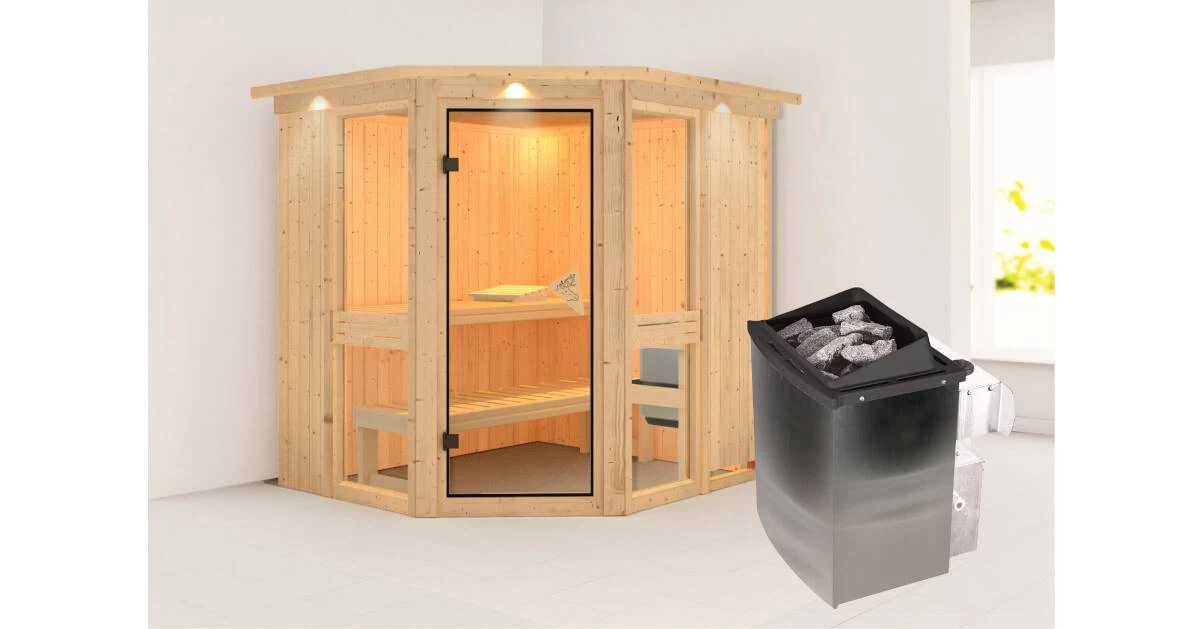 Karibu Sauna Amelia 1 Mit Dachkranz + 9kW Saunaofen Mit Integrierter Steuerung – Bild 3