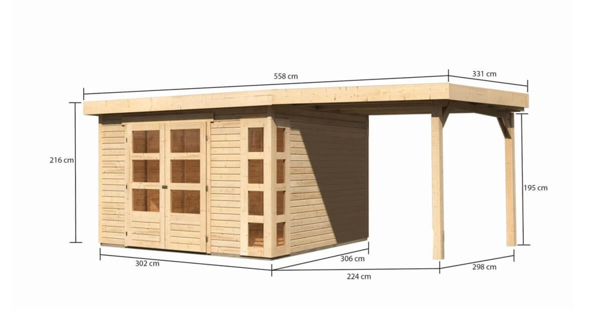 Karibu Gartenhaus 19mm Kerko 6 Mit Anbau 2,40m Unbehandelt – Bild 9