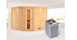 Karibu Sauna Leona Mit Dachkranz + 9kW Saunaofen Mit Integrierter Steuerung
