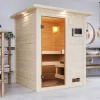 Karibu Sauna Sandra Mit Dachkranz + 3,6kW Plug&Play BIO Kombi-Ofen Externe Steuerung