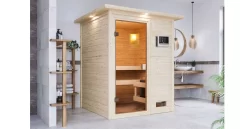 Karibu Sauna Sandra Mit Dachkranz + 9kW BIO-Kombiofen Mit Ext. Steuerung Easy