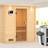 Karibu Sauna Selena Mit Dachkranz + 3,6kW Plug&Play Ofen Externe Steuerung