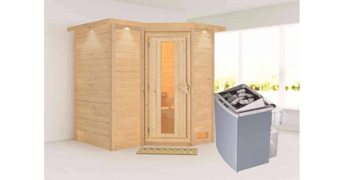Karibu Sauna Sahib 1 Mit Dachkranz + 9kW Saunaofen Mit Integr. Steuerung