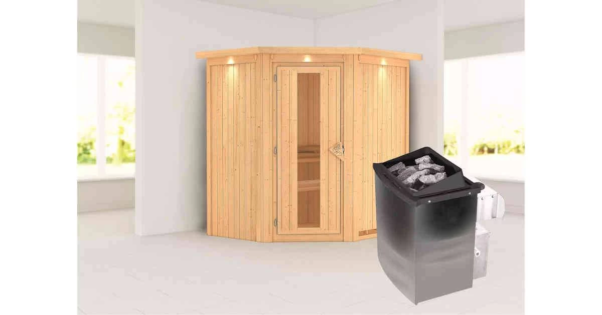 Karibu Sauna Taurin Mit Dachkranz + 9kW Saunaofen Mit Integr. Steuerung