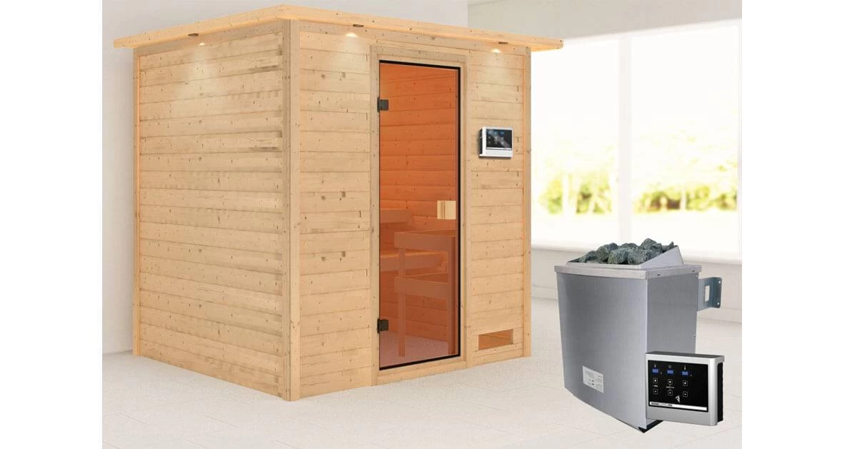 Karibu Sauna Adelina Mit Dachkranz + 9kW Saunaofen Mit Externer Steuerung Easy – Bild 7