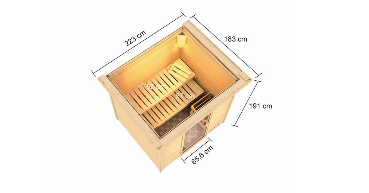 Karibu Sauna Adelina Mit Dachkranz + 9kW Saunaofen Mit Integrierter Steuerung – Bild 4